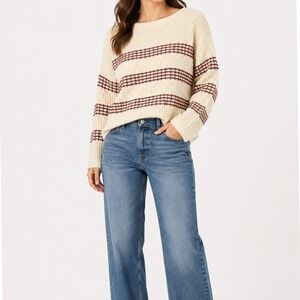 Bêcool Striped Knit Sweater Women Size M/L Cream Burgundy Casual Boho